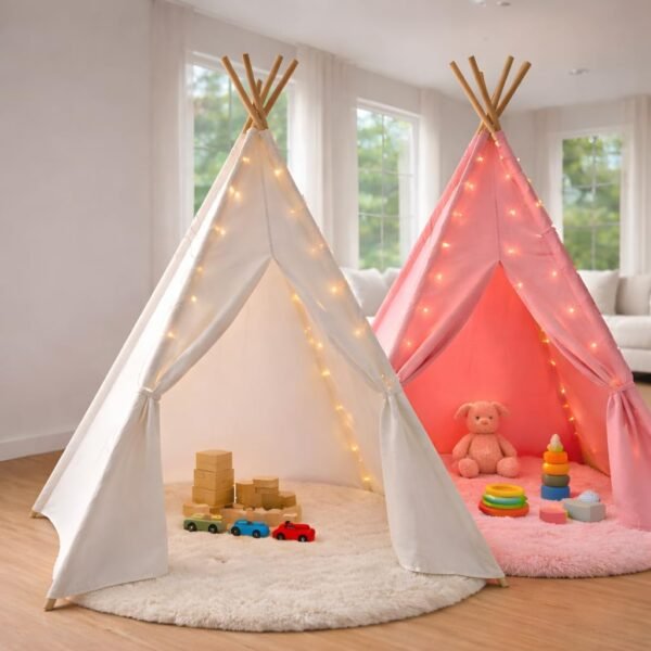 White Kids Teepee Tent with Blanket, Star Lights –100% Cotton Play Tent for Girls & Boys