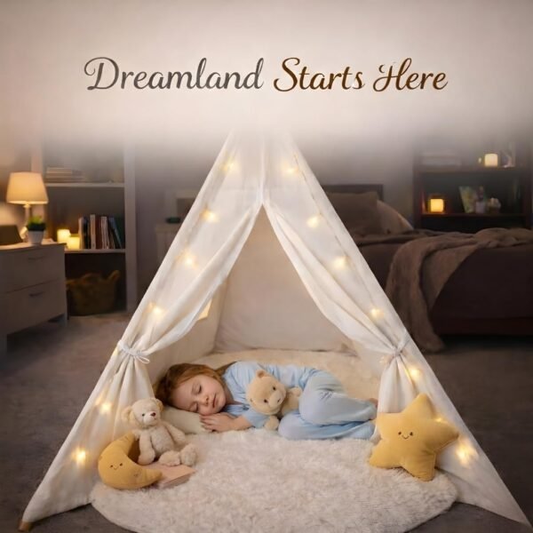 White Kids Teepee Tent with Blanket, Star Lights –100% Cotton Play Tent for Girls & Boys