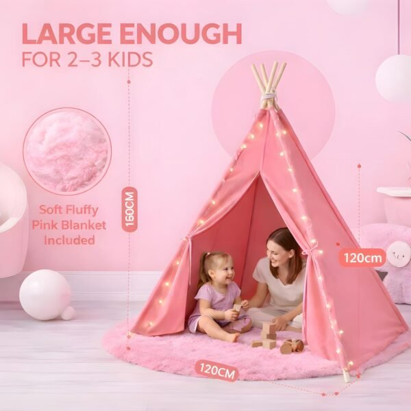 Pink Kids Teepee Tent with Blanket, Lights & Mat – Cotton Play Tent for Girls & Boys