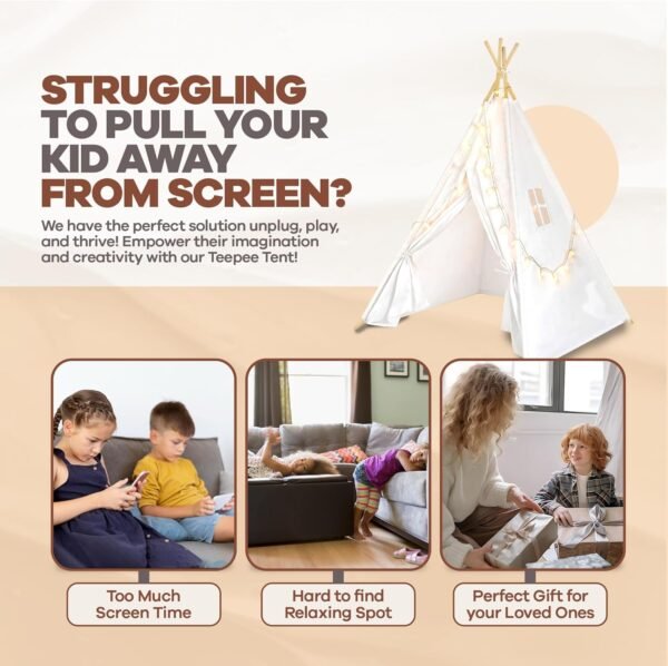 White Kids Teepee Tent with Blanket, Star Lights –100% Cotton Play Tent for Girls & Boys