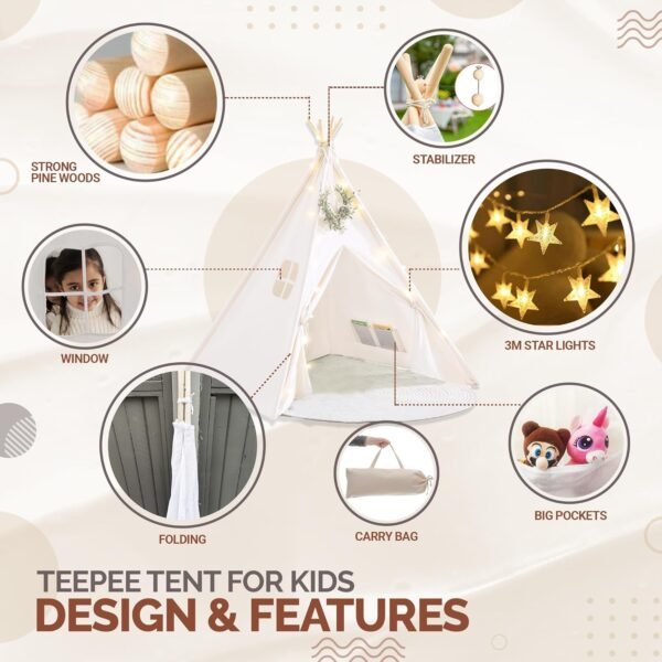 White Kids Teepee Tent with Blanket, Star Lights –100% Cotton Play Tent for Girls & Boys