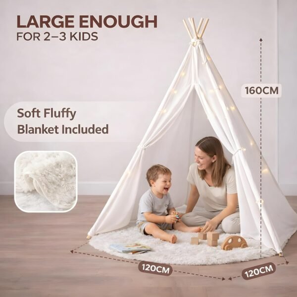 White Kids Teepee Tent with Blanket, Star Lights –100% Cotton Play Tent for Girls & Boys