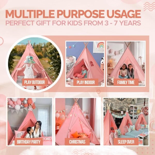 Pink Kids Teepee Tent with Blanket, Lights & Mat – Cotton Play Tent for Girls & Boys