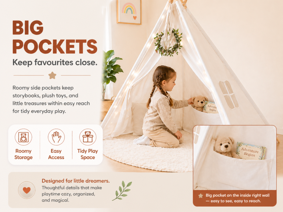White Kids Teepee Tent with Blanket, Star Lights –100% Cotton Play Tent for Girls & Boys