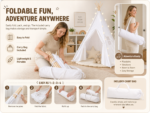 White Kids Teepee Tent with Blanket, Star Lights –100% Cotton Play Tent for Girls & Boys