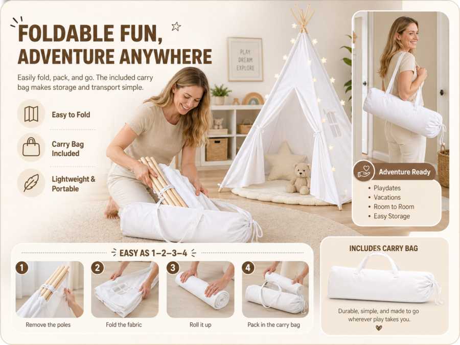 White Kids Teepee Tent with Blanket, Star Lights –100% Cotton Play Tent for Girls & Boys
