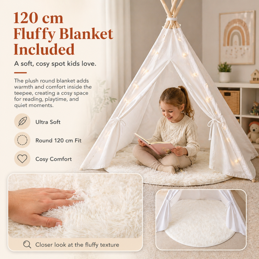 White Kids Teepee Tent with Blanket, Star Lights –100% Cotton Play Tent for Girls & Boys