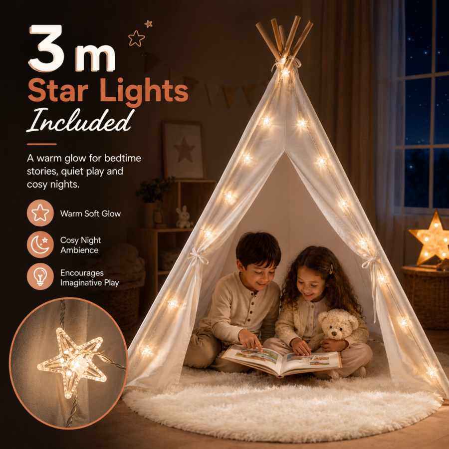 White Kids Teepee Tent with Blanket, Star Lights –100% Cotton Play Tent for Girls & Boys
