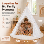 White Kids Teepee Tent with Blanket, Star Lights –100% Cotton Play Tent for Girls & Boys