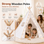 White Kids Teepee Tent with Blanket, Star Lights –100% Cotton Play Tent for Girls & Boys