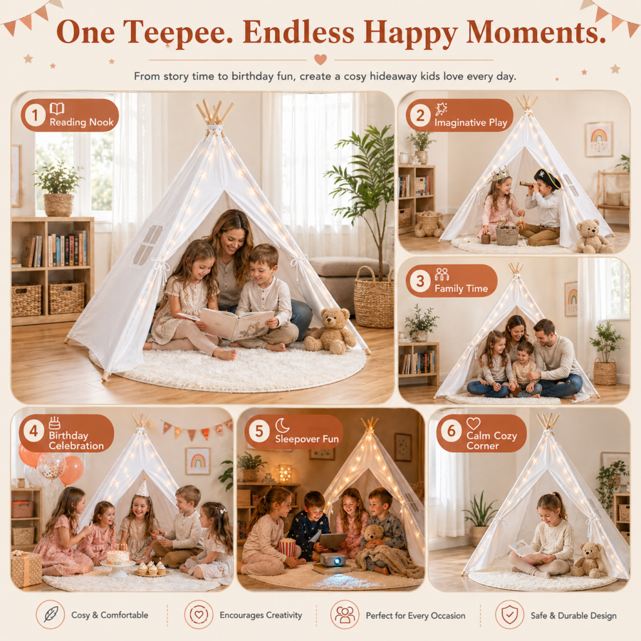 White Kids Teepee Tent with Blanket, Star Lights –100% Cotton Play Tent for Girls & Boys