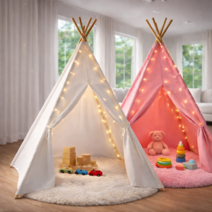 White Kids Teepee Tent with Blanket, Star Lights –100% Cotton Play Tent for Girls & Boys