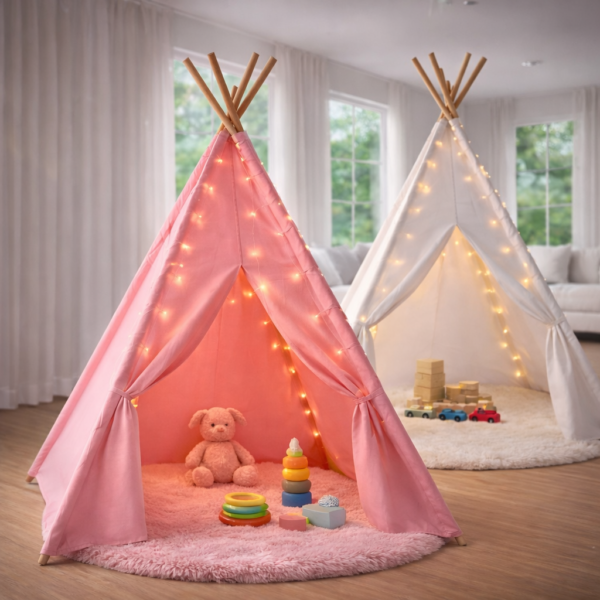 Pink Kids Teepee Tent with Blanket, Lights & Mat – Cotton Play Tent for Girls & Boys