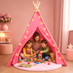 Pink Kids Teepee Tent with Blanket, Lights & Mat – Cotton Play Tent for Girls & Boys