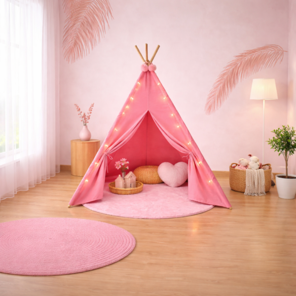 Pink Kids Teepee Tent with Blanket, Lights & Mat – Cotton Play Tent for Girls & Boys
