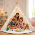 White Kids Teepee Tent with Blanket, Star Lights –100% Cotton Play Tent for Girls & Boys