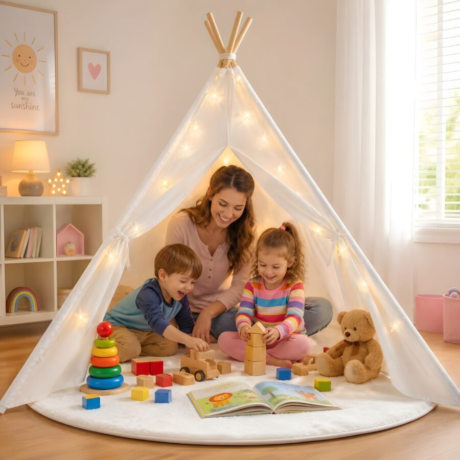 White Kids Teepee Tent with Blanket, Star Lights –100% Cotton Play Tent for Girls & Boys
