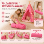 Pink Kids Teepee Tent with Blanket, Lights & Mat – Cotton Play Tent for Girls & Boys