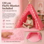 Pink Kids Teepee Tent with Blanket, Lights & Mat – Cotton Play Tent for Girls & Boys