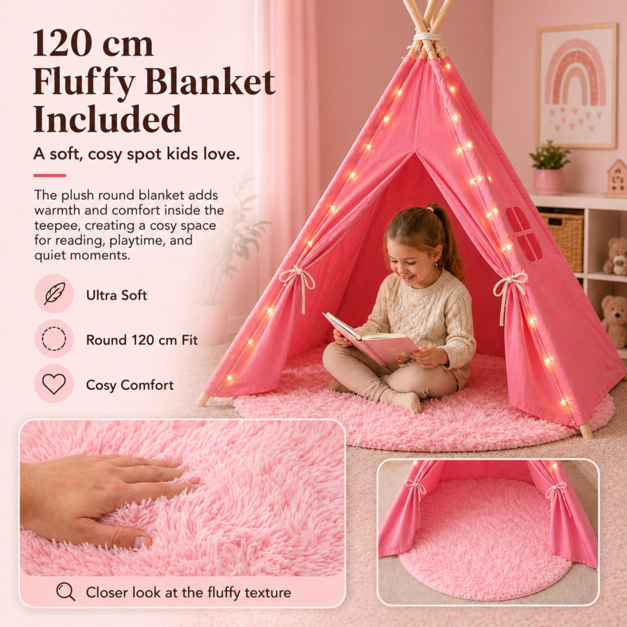 Pink Kids Teepee Tent with Blanket, Lights & Mat – Cotton Play Tent for Girls & Boys