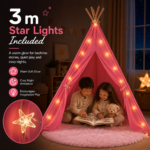 Pink Kids Teepee Tent with Blanket, Lights & Mat – Cotton Play Tent for Girls & Boys