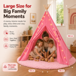 Pink Kids Teepee Tent with Blanket, Lights & Mat – Cotton Play Tent for Girls & Boys