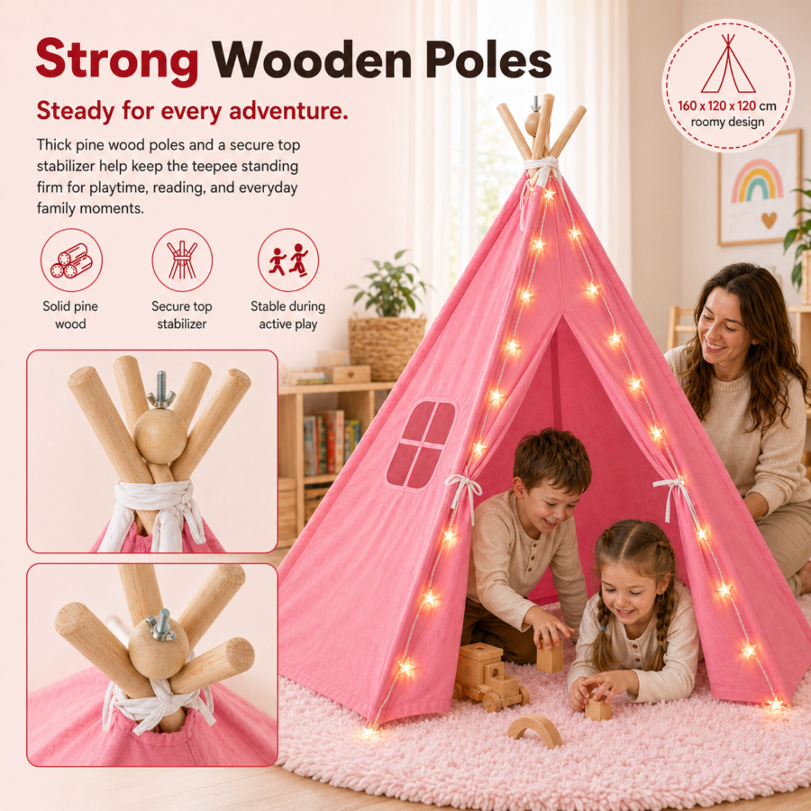 Pink Kids Teepee Tent with Blanket, Lights & Mat – Cotton Play Tent for Girls & Boys