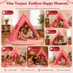 Pink Kids Teepee Tent with Blanket, Lights & Mat – Cotton Play Tent for Girls & Boys
