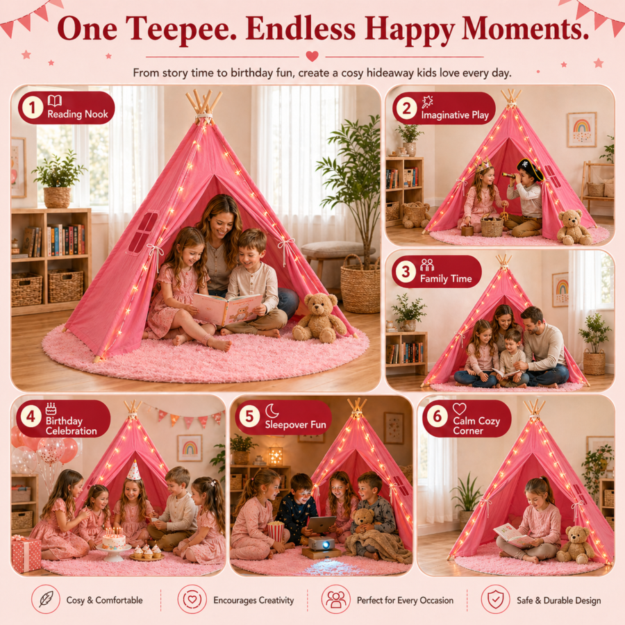 Pink Kids Teepee Tent with Blanket, Lights & Mat – Cotton Play Tent for Girls & Boys