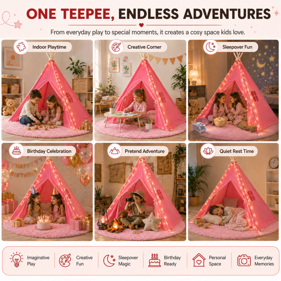 Pink Kids Teepee Tent with Blanket, Lights & Mat – Cotton Play Tent for Girls & Boys